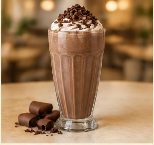 Belgium chocolate milkshake with chocolate curls