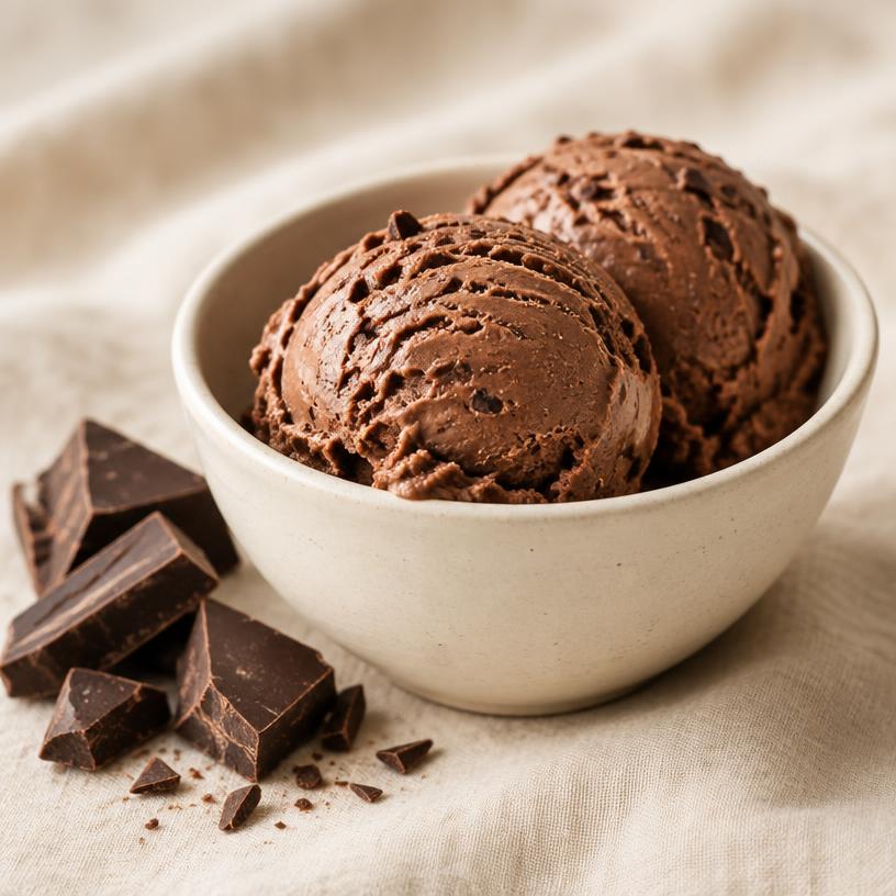 Two scoops of belgian chocolate ice cream with dark chocolate chunks