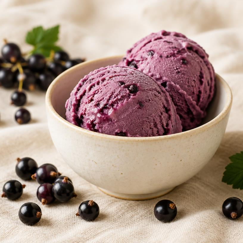 Two scoops of black currant ice cream with fresh blackcurrants