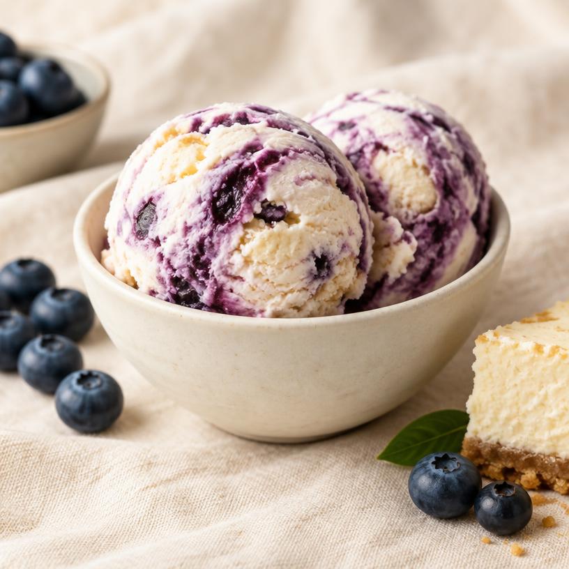 Two scoops of blueberry cheesecake ice cream with blueberries