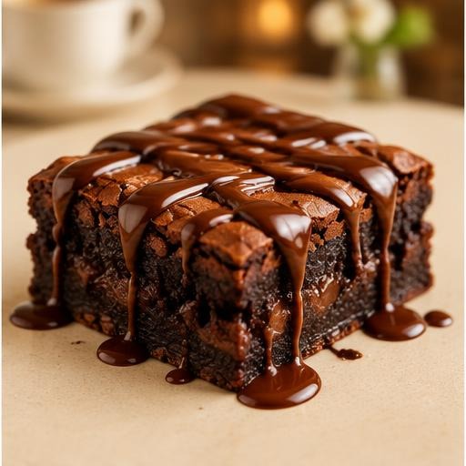 Warm chocolate brownie drizzled with glossy chocolate sauce