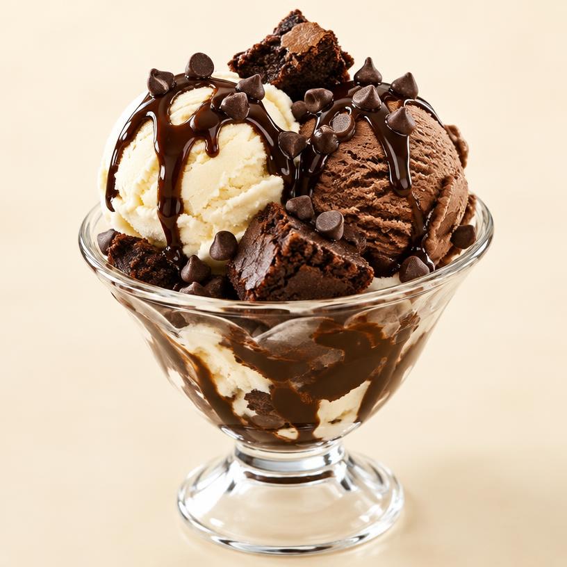 Brownie Fudge Sundae in a glass cup — 2 scoops Vanilla & Chocolate, Brownie, Chocolate Sauce, Chocochip