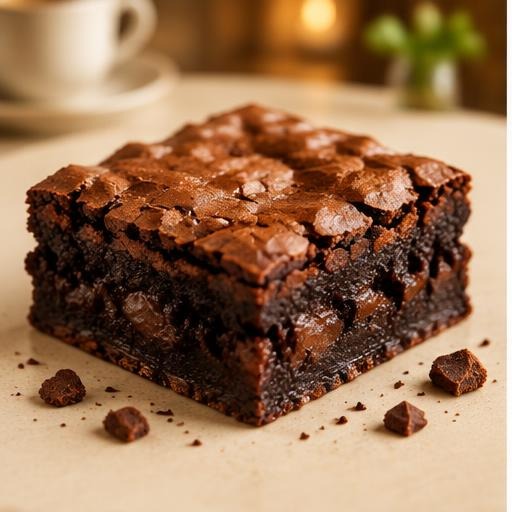Warm fudgy chocolate brownie with a cracked top and gooey centre