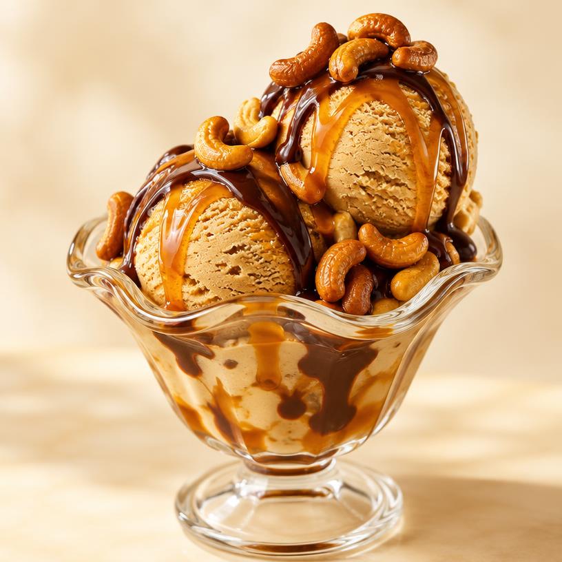 Butter Scotch Sundae in a glass cup — 2 scoops Butterscotch, Caramel Sauce, Chocolate Sauce, Cashew