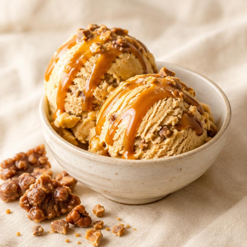 Two scoops of butterscotch ice cream with caramel drizzle
