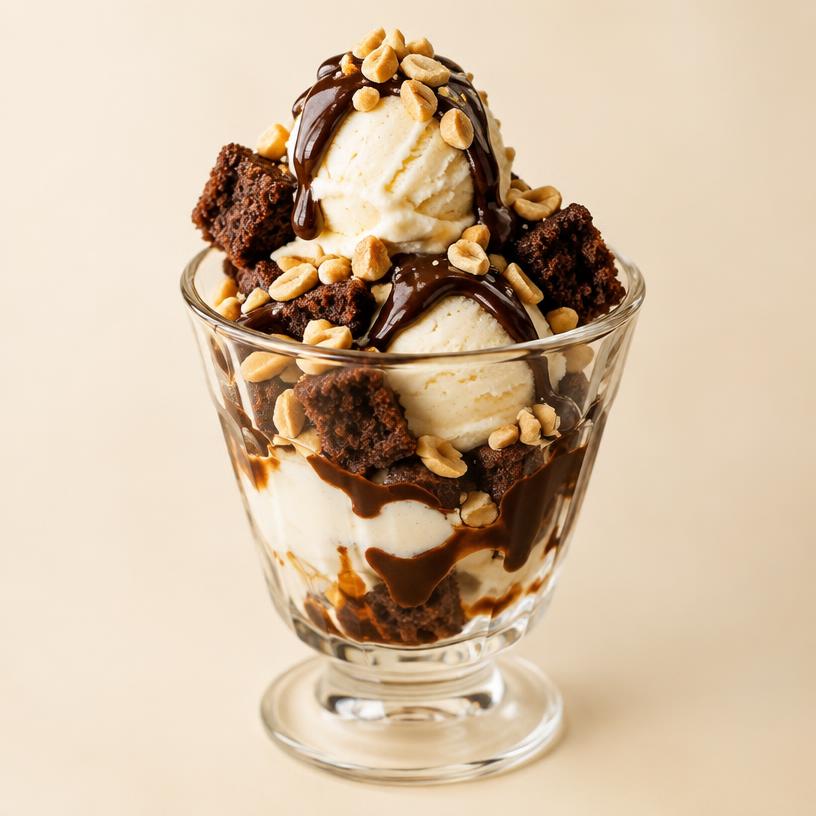 Cake Fudge Sundae in a glass cup — 2 scoops Vanilla, Chocolate Cake, Chocolate Fudge Sauce, Peanuts