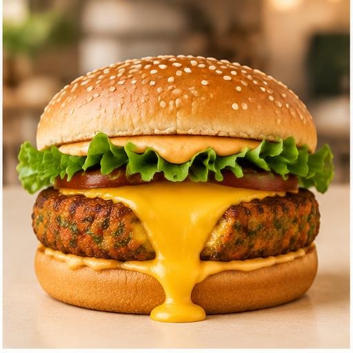 Vegetarian cheese burst burger with melted cheese