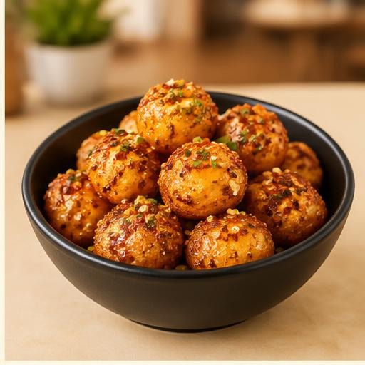 Chilli garlic potato pops in a bowl