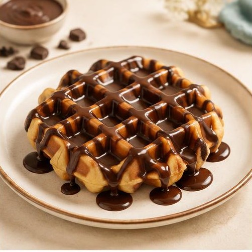 Golden waffle drizzled with chocolate sauce