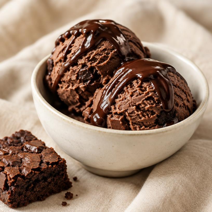 Two scoops of chocolate fudge ice cream with chocolate sauce and a brownie piece