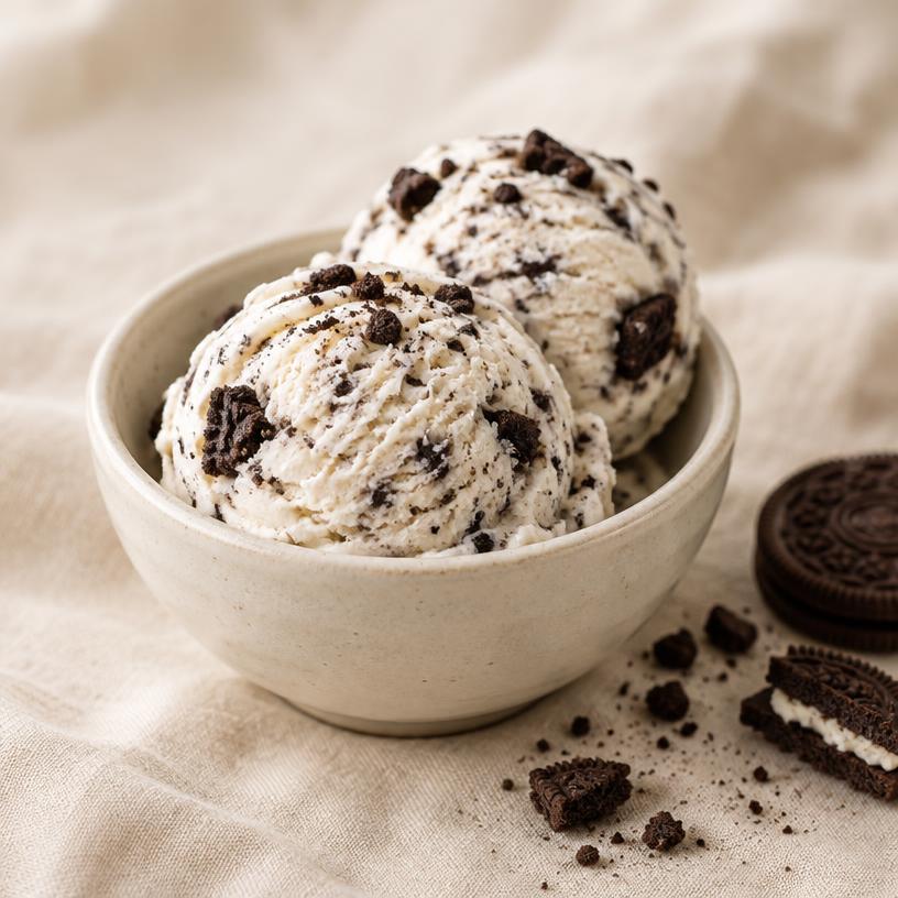 Two scoops of cookies and cream ice cream with chocolate cookie pieces