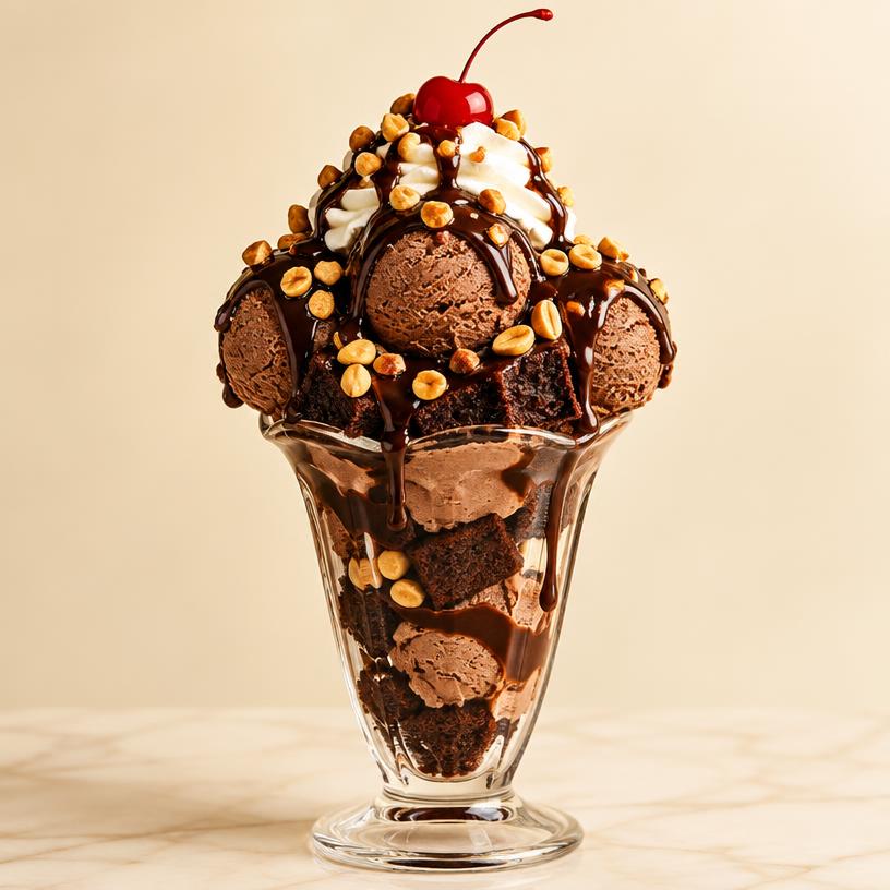 Death by Chocolate in a glass cup — 3 scoops Vanilla, Chocolate Cake, Chocolate Sauce, Roasted Peanut, Cherry