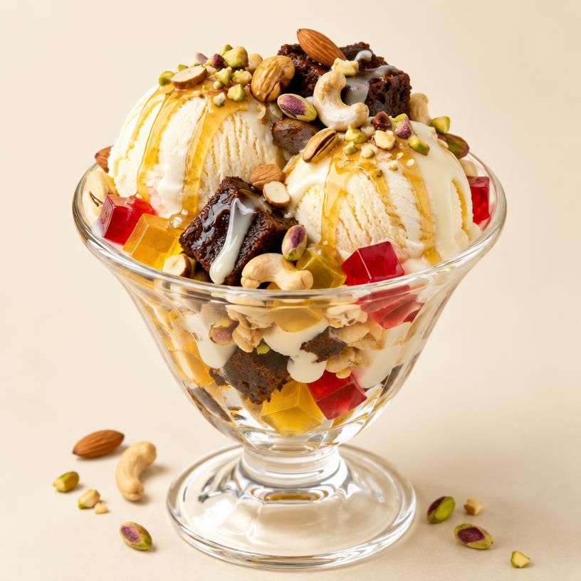Dry Fruit Sundae in a glass cup — 2 scoops Vanilla, Brownie, Roasted Dry Fruits, Milkmaid, Honey, Jelly
