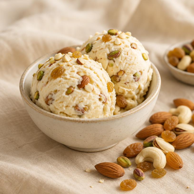 Two scoops of dryfruit ice cream with almonds, cashews and raisins
