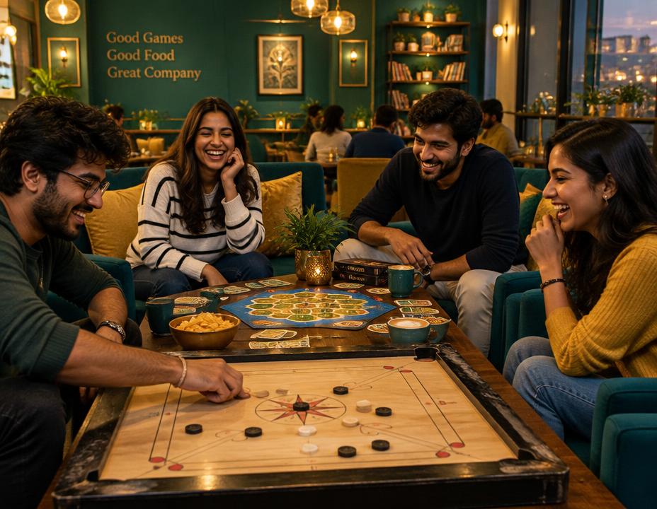 Friends laughing around a table playing board games and carrom in a cafe lounge