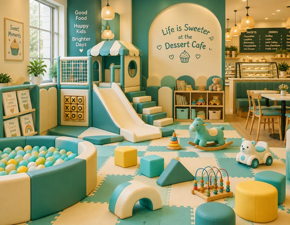 Bright indoor play area with soft blocks, a slide and toys