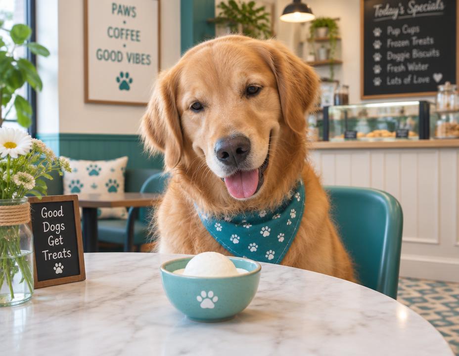 A happy golden retriever sitting at a cafe table in front of a small bowl