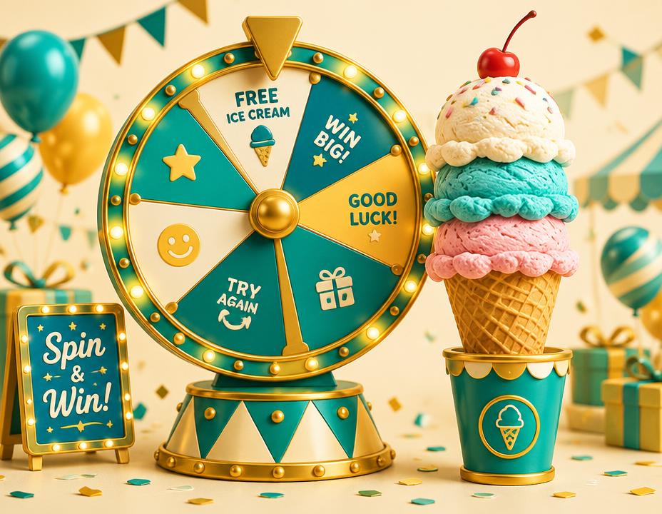 Colourful spin-the-wheel prize game next to an ice cream cone
