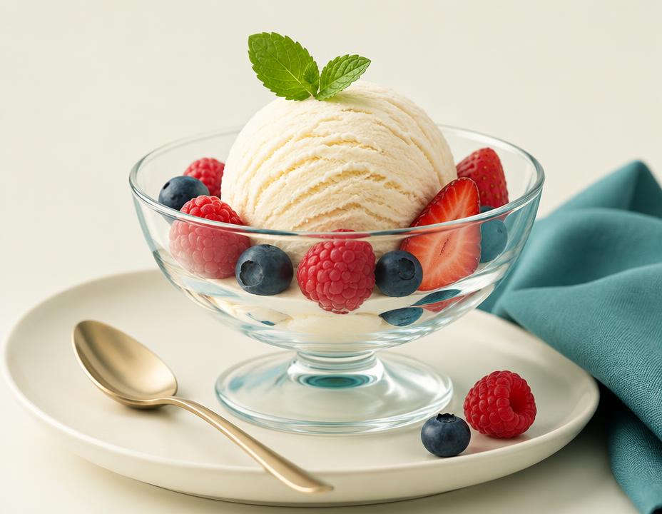 Scoop of pale ice cream in a glass bowl with fresh berries
