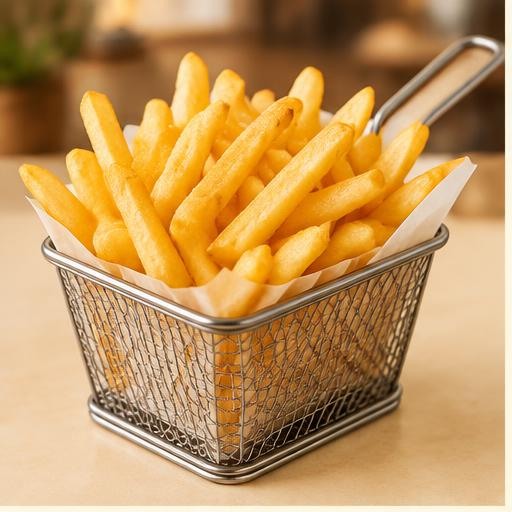 Classic golden French fries in a small basket