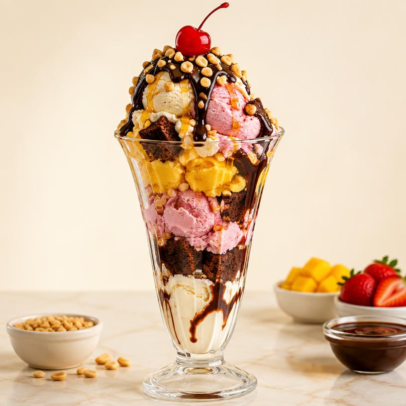 Fruit Gudbud Sundae in a glass cup — Vanilla/Strawberry/Mango with Choco Cake, Choco Sauce, Peanut, Honey, Cherry