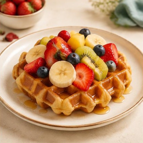 Waffle topped with fruit and honey