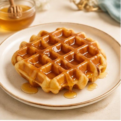 Golden waffle drizzled with honey
