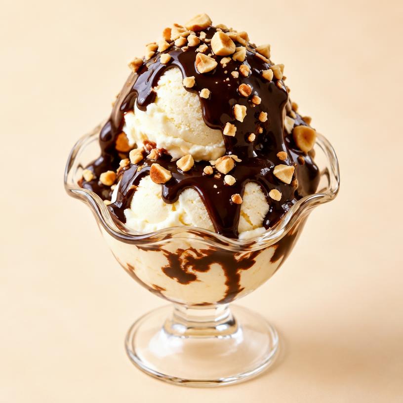 Hot Chocolate Fudge Sundae in a glass cup — 2 scoops Vanilla, Chocolate Fudge Sauce, Peanuts