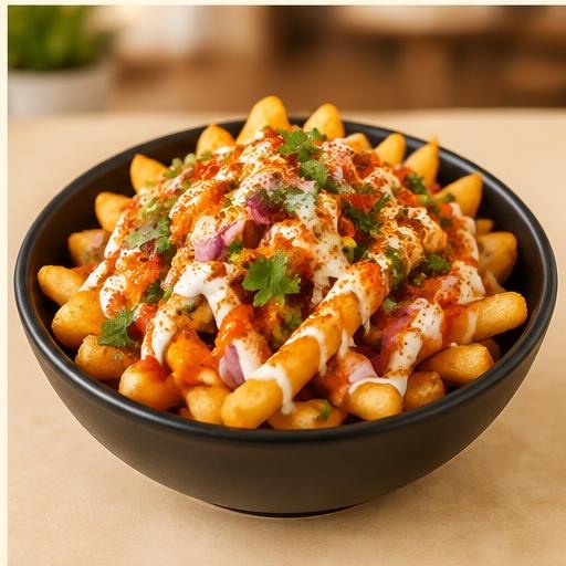 Loaded masala fries with sauces, herbs and onion