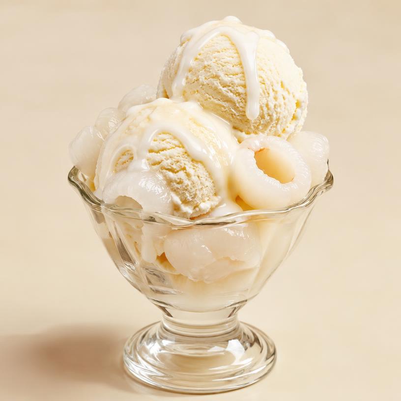 Lychee Sundae in a glass cup — 2 scoops Vanilla, Lychee Pieces, Cream Sauce