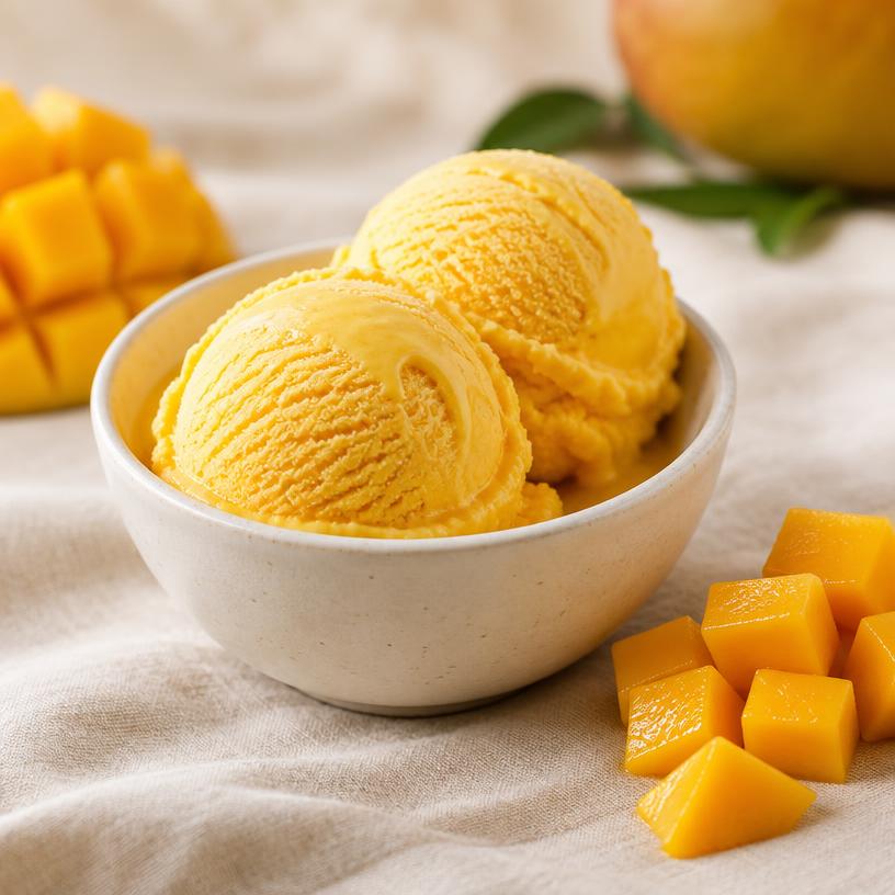 Two scoops of mango ice cream with diced fresh mango