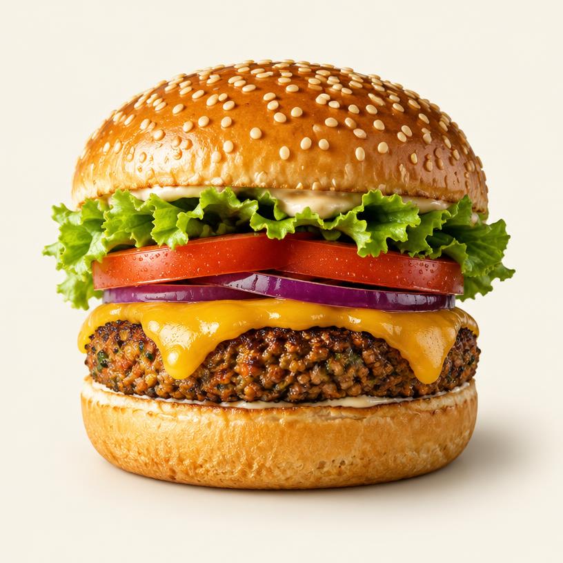 Vegetarian burger with melted cheese, lettuce and tomato in a sesame bun
