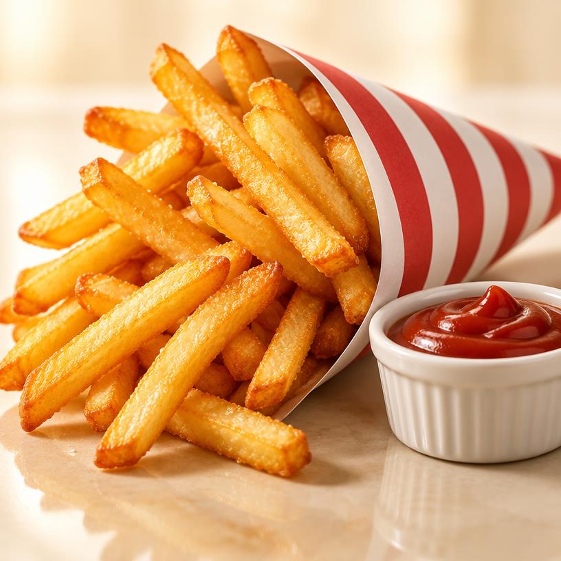 Crispy golden french fries in a striped paper cone beside a bowl of ketchup