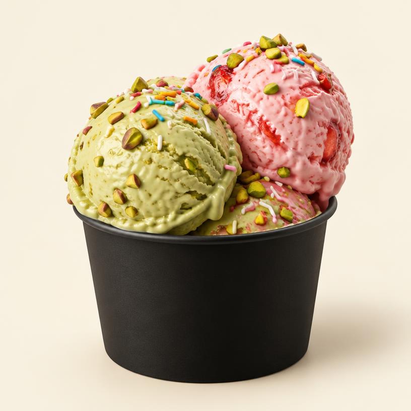 Two scoops of pistachio and strawberry ice cream with sprinkles in a black cup