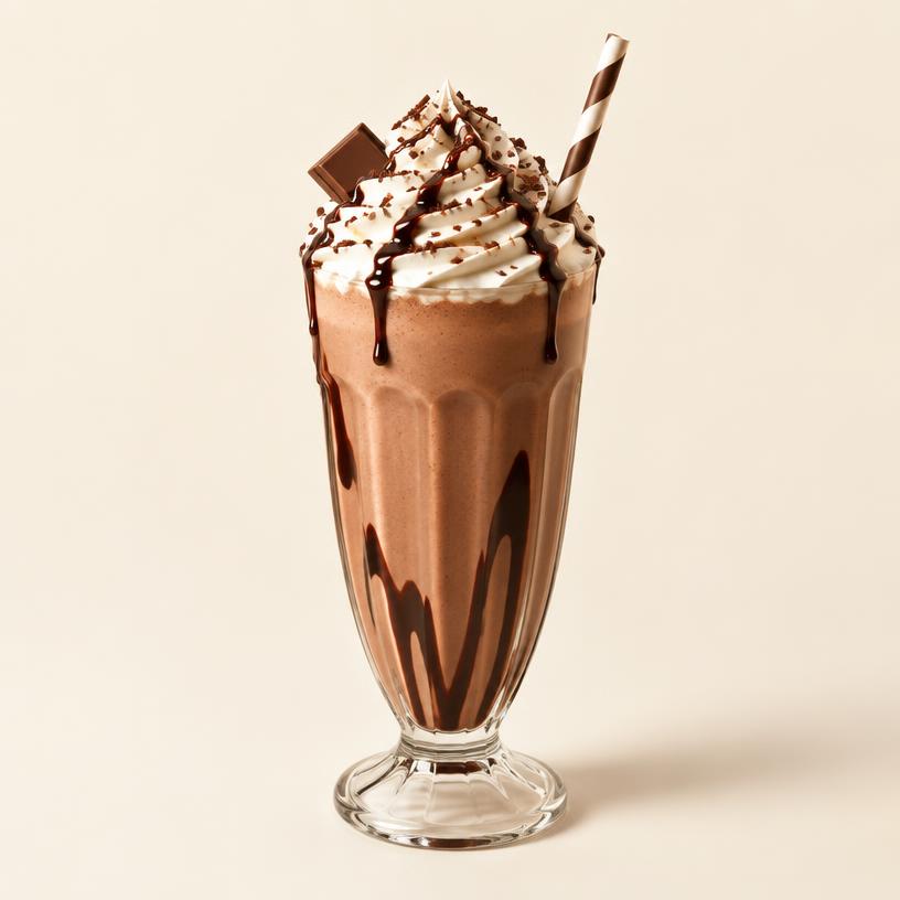 Tall chocolate milkshake with whipped cream and chocolate drizzle