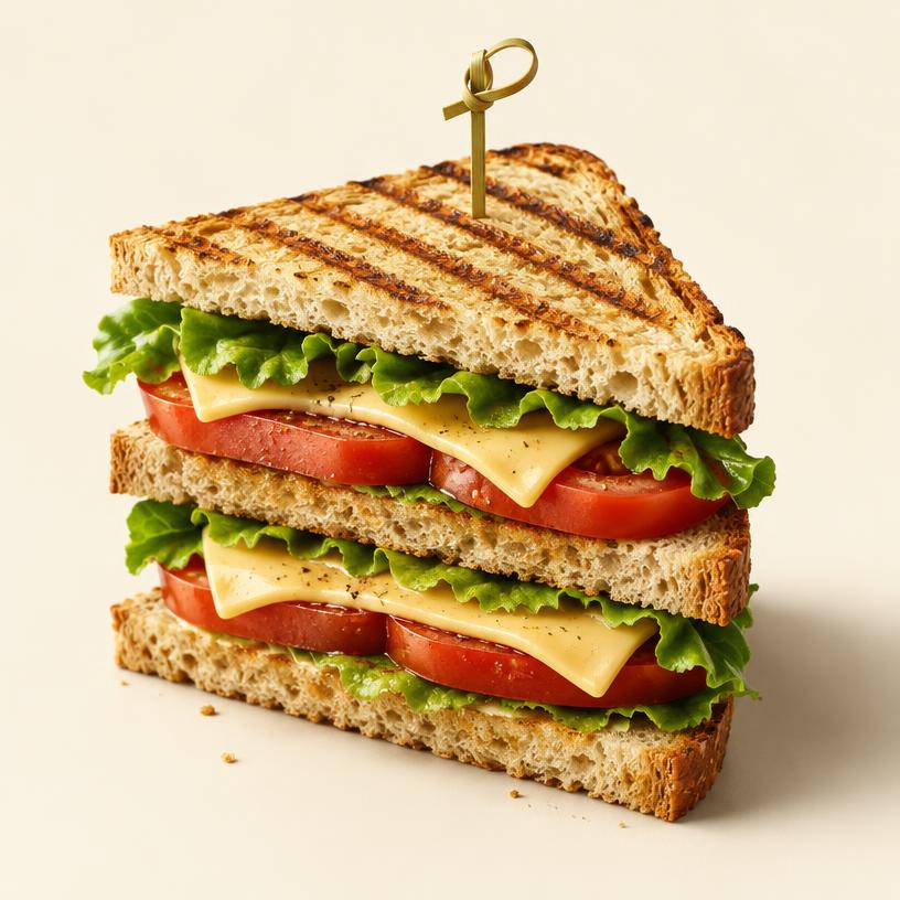 Grilled vegetarian club sandwich with cheese, lettuce and tomato