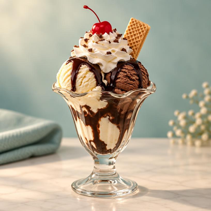 Illustrative ice cream sundae in a glass cup with chocolate sauce and a cherry