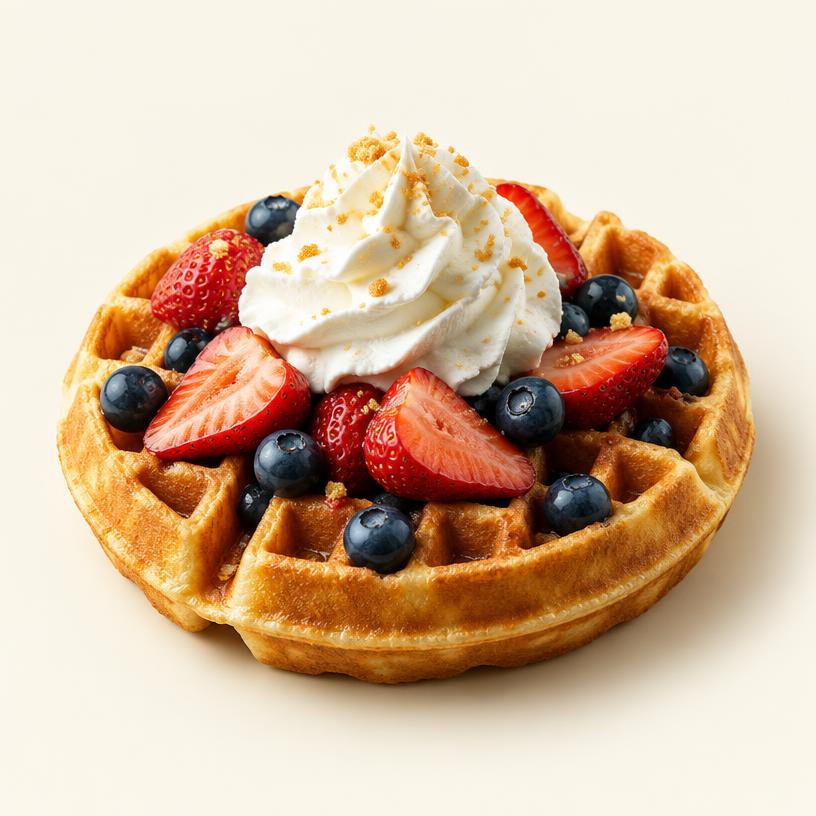 Golden waffle topped with strawberries, blueberries and whipped cream