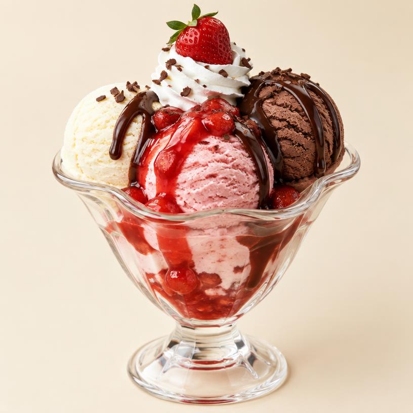 Neapolitan Sundae in a glass cup — 3 scoops Vanilla/Strawberry/Chocolate, Strawberry Compote, Chocolate Sauce