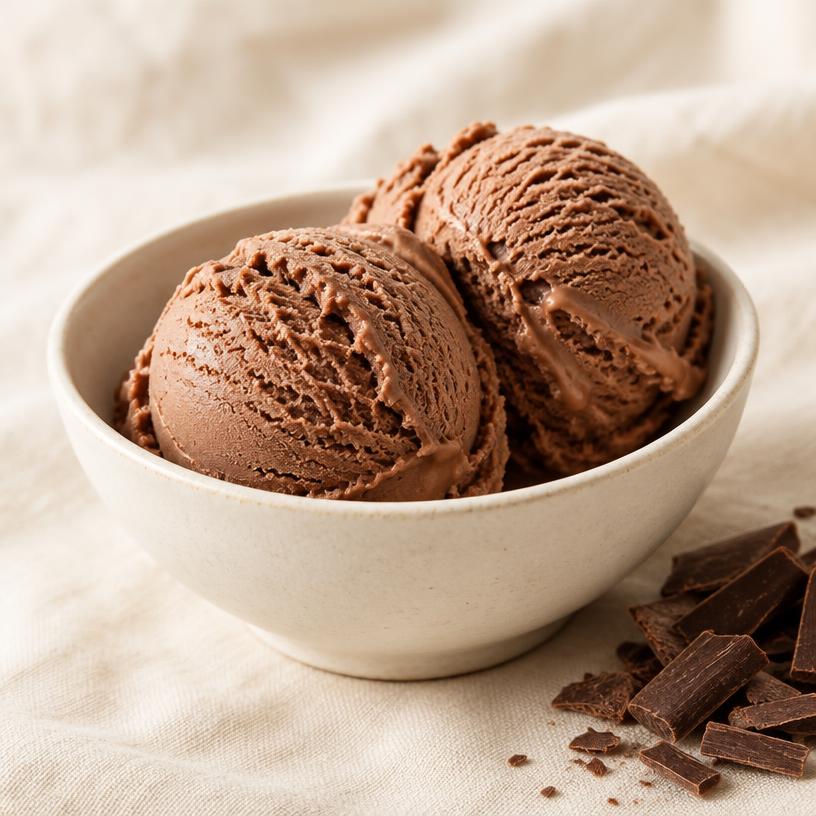 Two scoops of milk chocolate ice cream with chocolate shavings