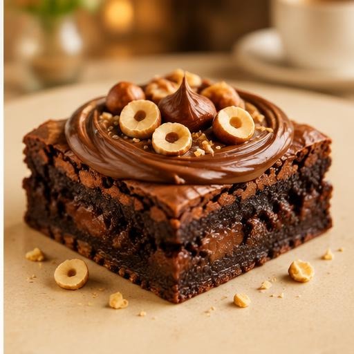 Chocolate brownie topped with hazelnut chocolate spread and roasted hazelnuts