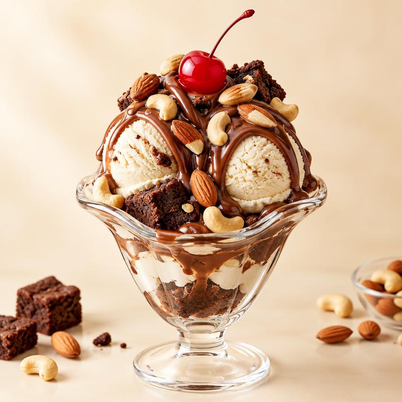 Nutella Brownie Mashup Sundae in a glass cup — 2 scoops Vanilla, Brownie, Nutella, Almond, Cashew, Cherry