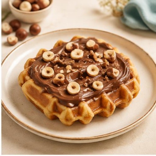Waffle topped with chocolate hazelnut spread and hazelnuts