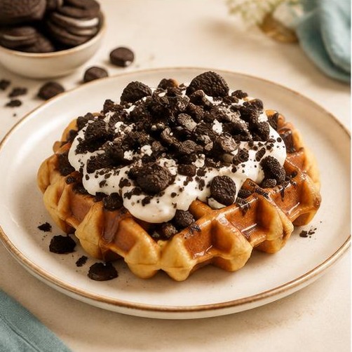 Waffle topped with cream and chocolate cookie crumbs