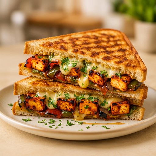 Grilled paneer tikka sandwich with char-grilled paneer cubes, peppers and melted cheese