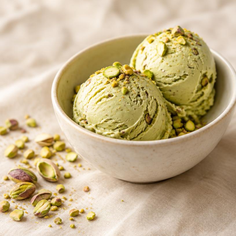 Two scoops of pistachio ice cream topped with crushed pistachios