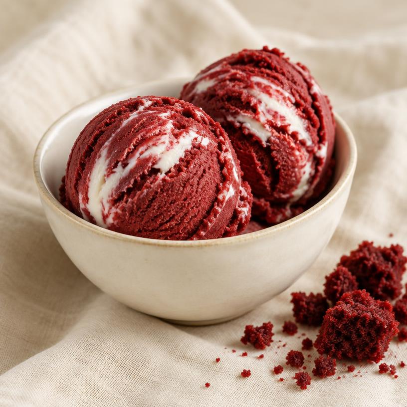 Two scoops of red velvet ice cream with cream swirl