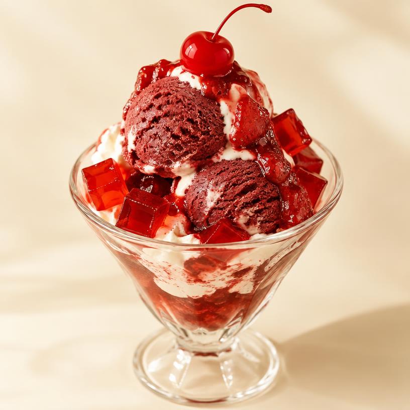 Red Velvet Berry Sundae in a glass cup — 2 scoops Red Velvet, Strawberry Compote, Jelly, Cherry