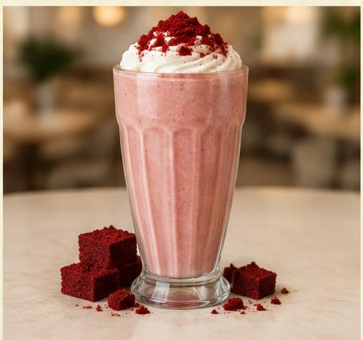 Red velvet milkshake with red velvet crumbs