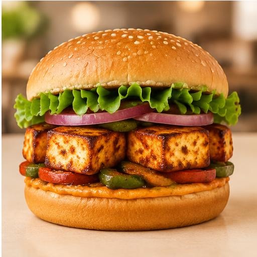 Spicy paneer burger with grilled paneer and peppers